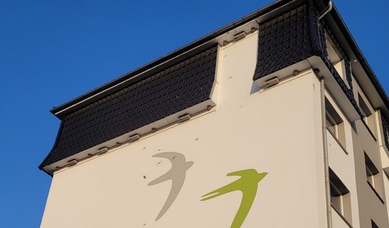 Gebäudefassade mit Vögeln im Vordergrund