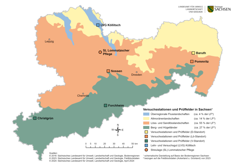 Lage der Versuchsstationen und Prüffelder Sachsens