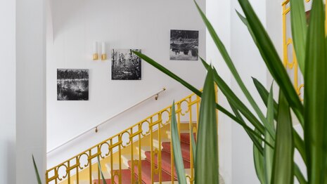 Treppenhaus des Schlosses mit Bildern einer Ausstellung